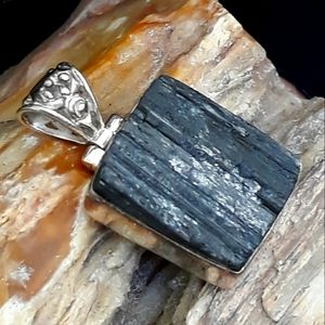 Natural Rough Black Tourmaline Silver Pendant